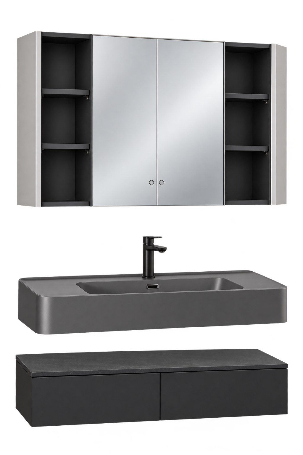 Bagno con lavabo sospeso — Volumi separati e finiture scure